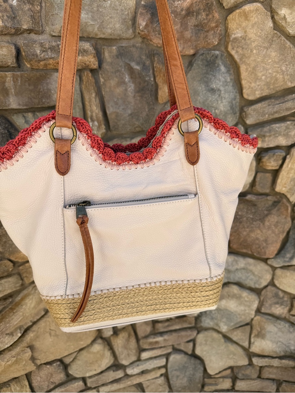 The Sak Sierra White Tote with coral Crochet Trim, basketweave base